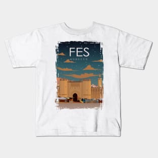 Fes Morocco Vintage Minimal Retro Travel Poster at Night Kids T-Shirt